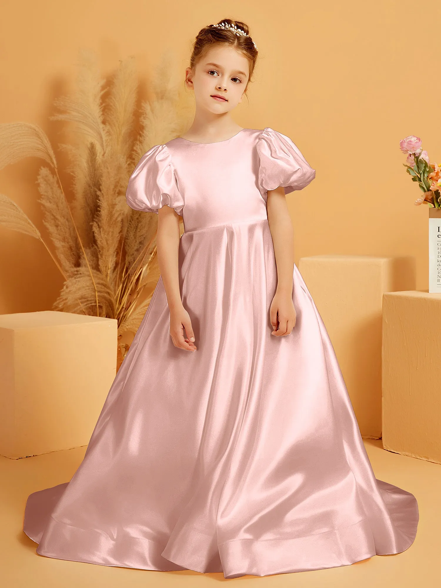 A-Line Pleated Satin Flower Girl Dress Dusty Rose