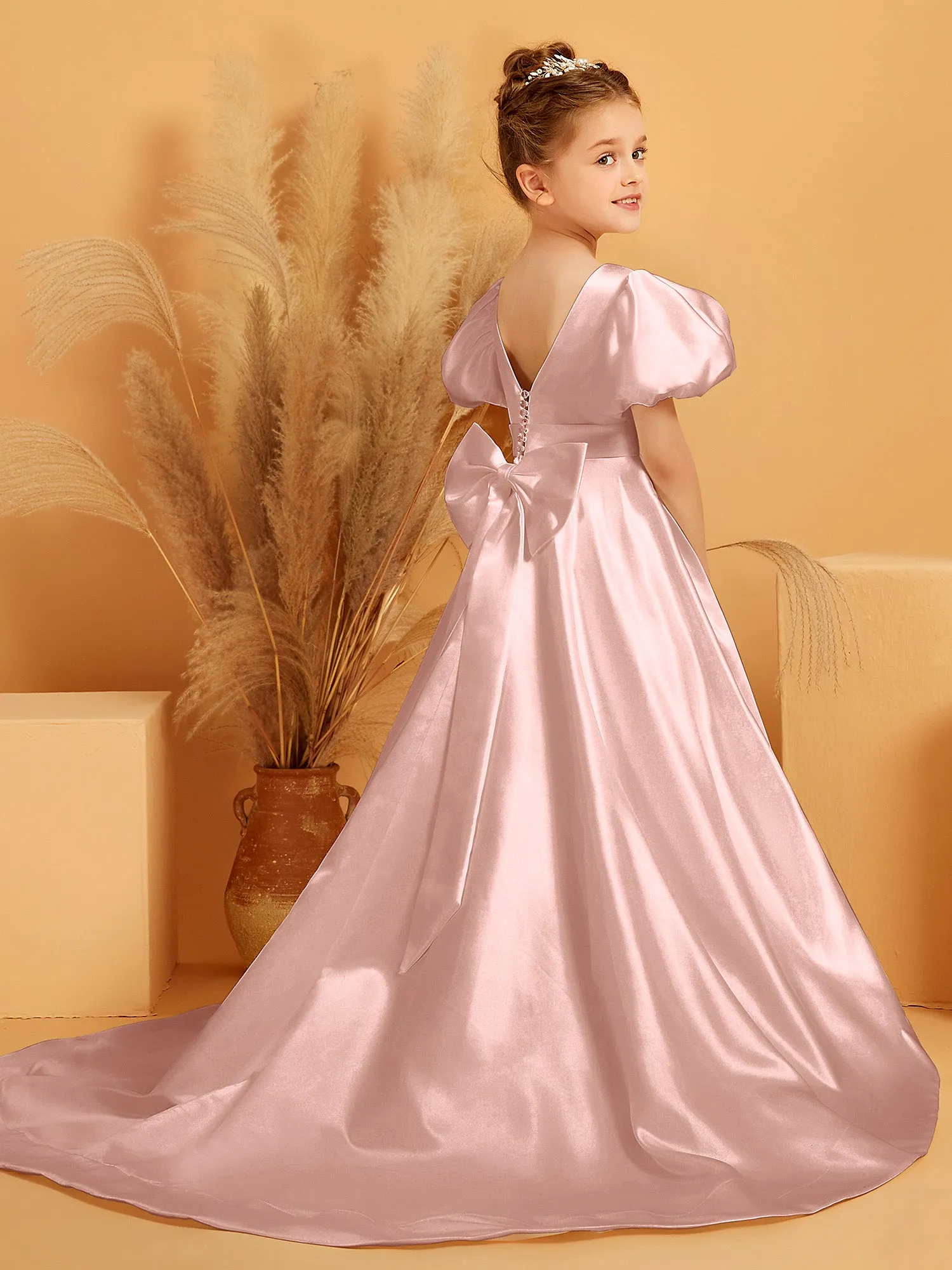 A-Line Pleated Satin Flower Girl Dress Dusty Rose