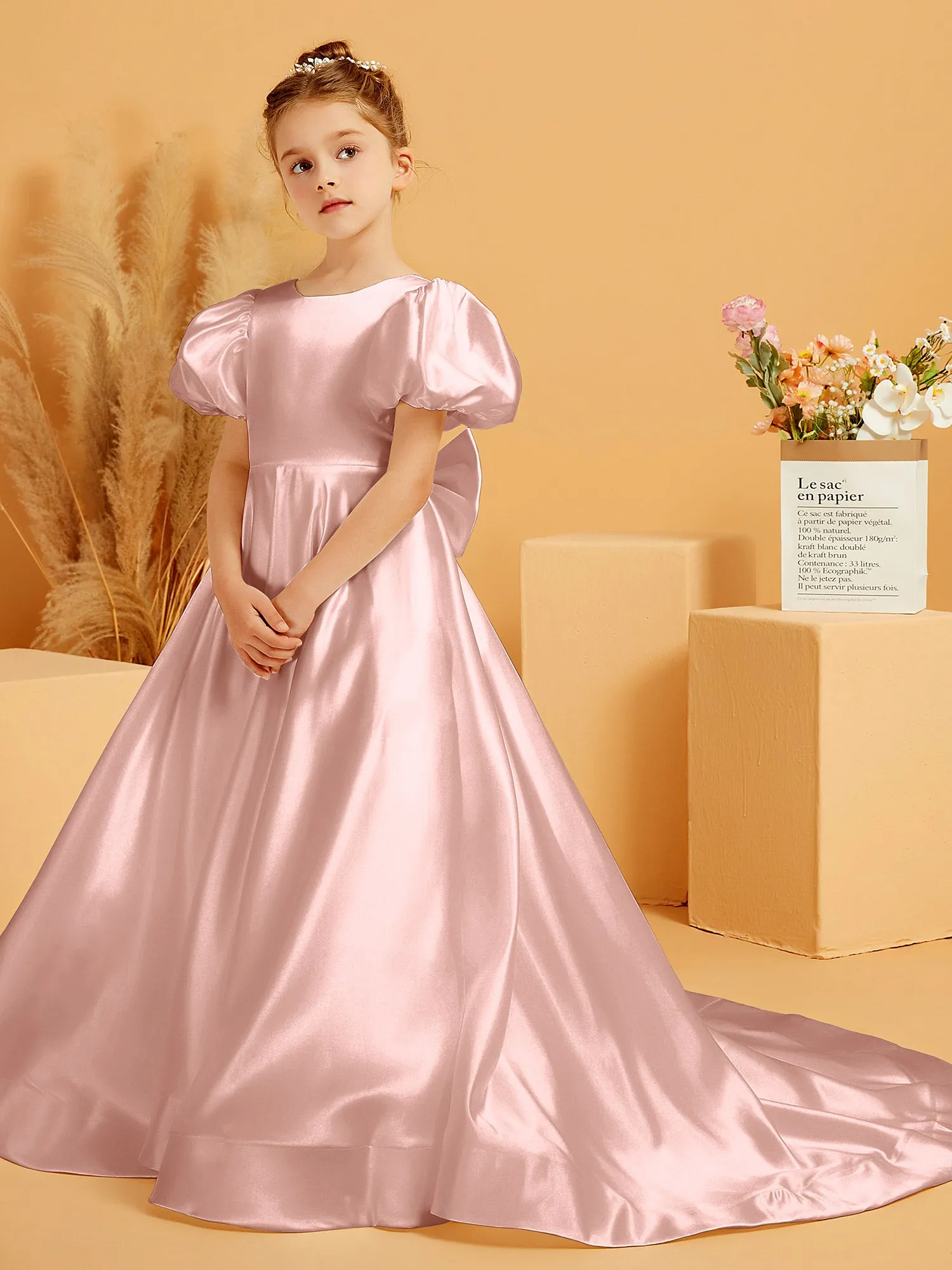 A-Line Pleated Satin Flower Girl Dress Dusty Rose