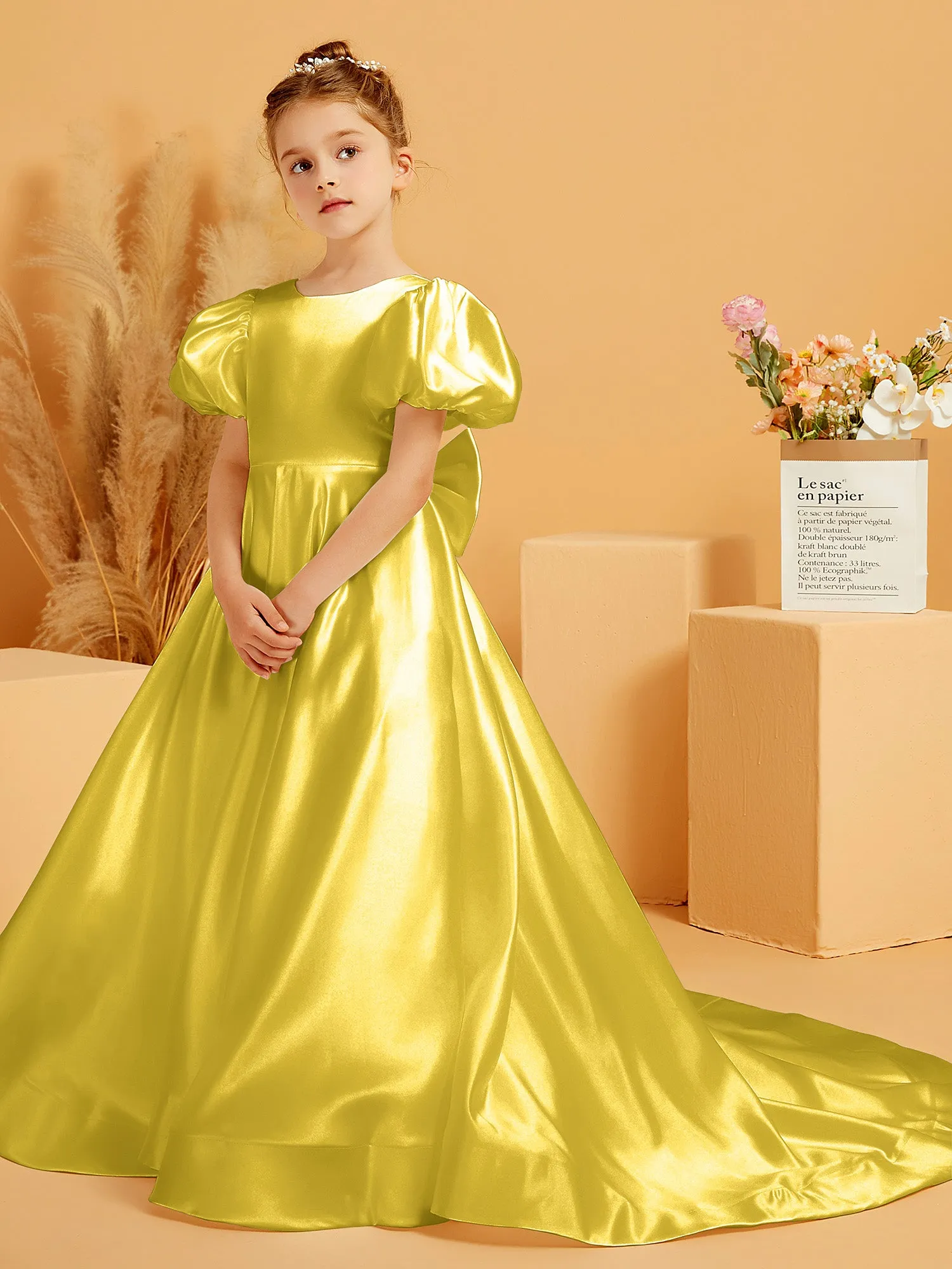 A-Line Pleated Satin Flower Girl Dress Marigold