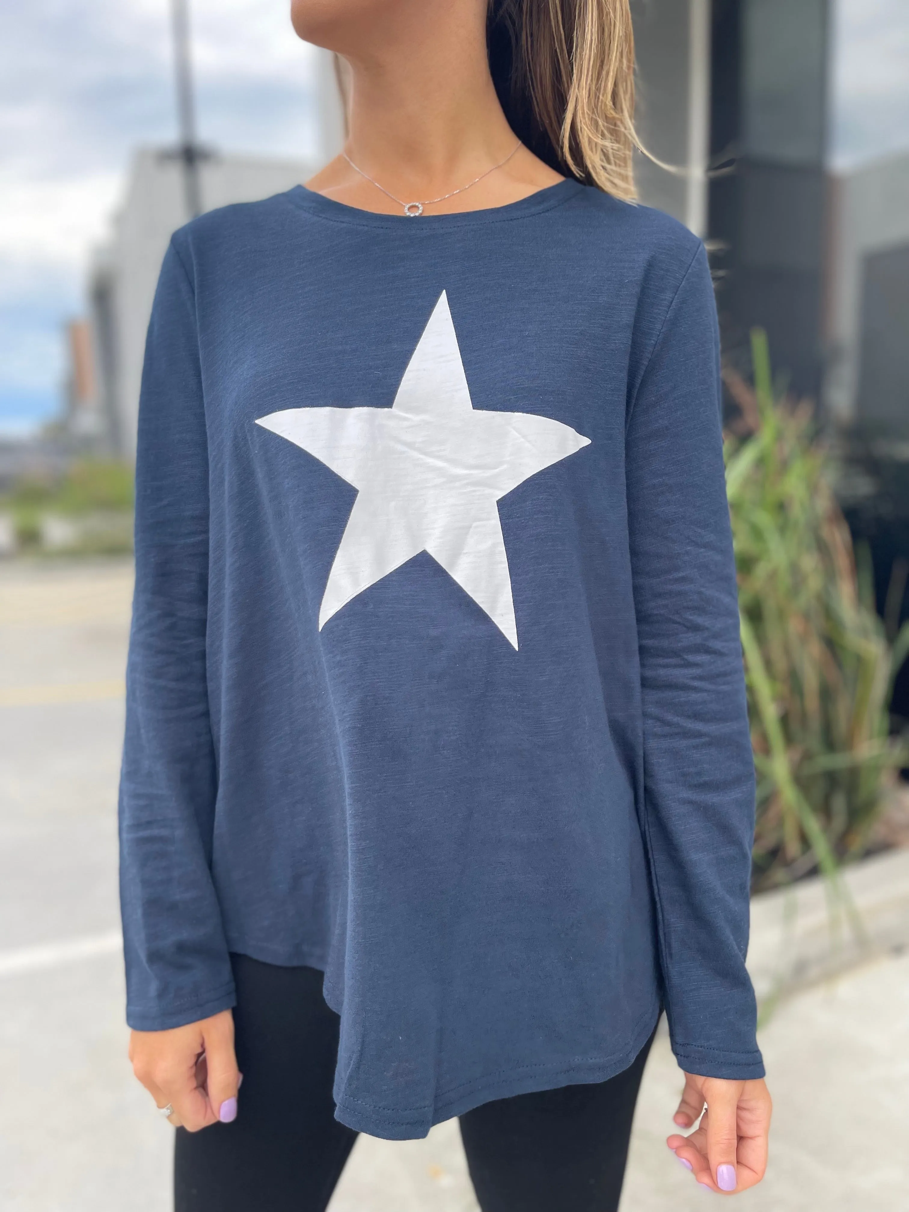 Adriana Long Sleeve Printed Tee - Navy/ White Star