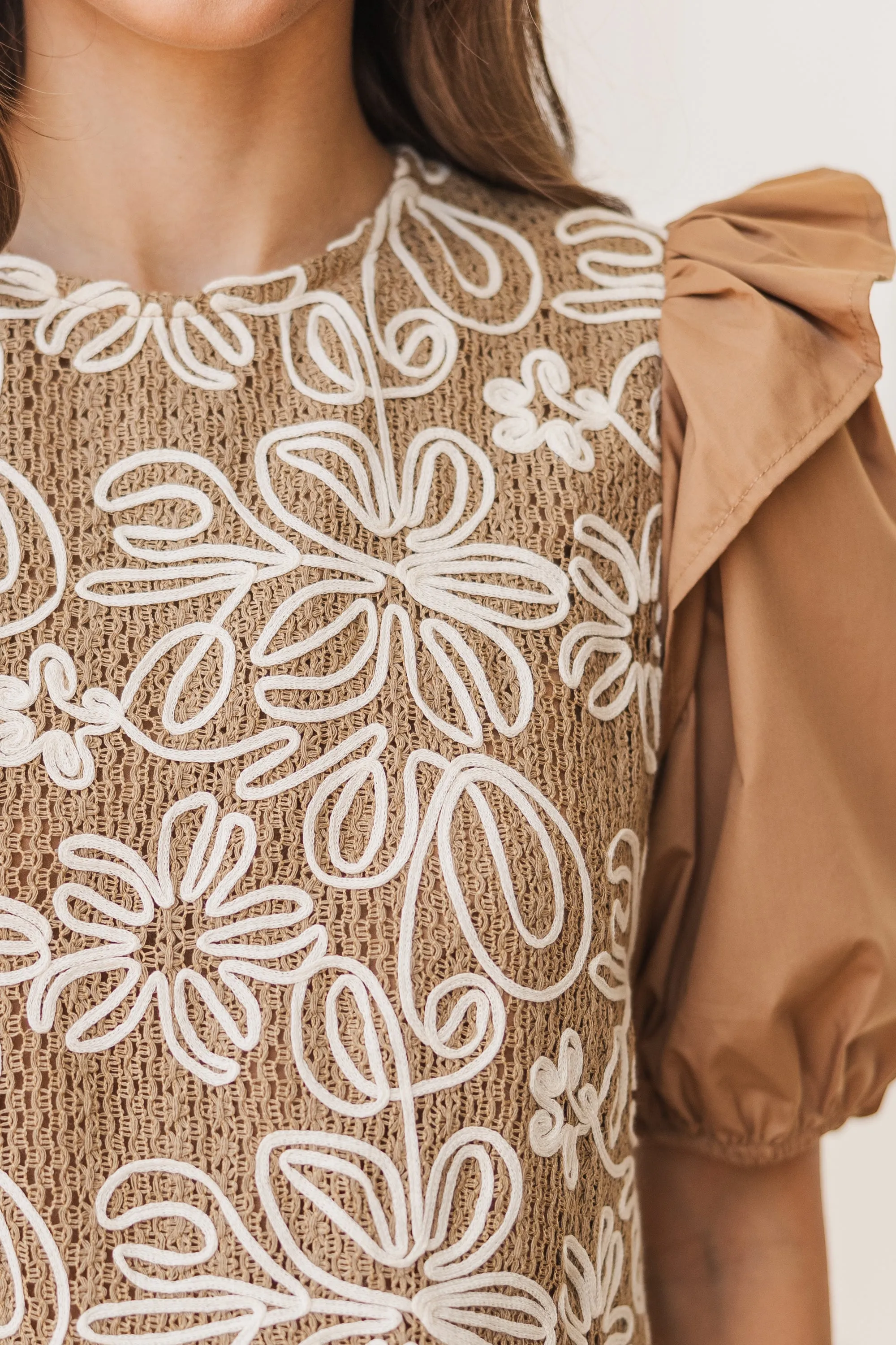 All For Love Camel Brown Embroidered Blouse