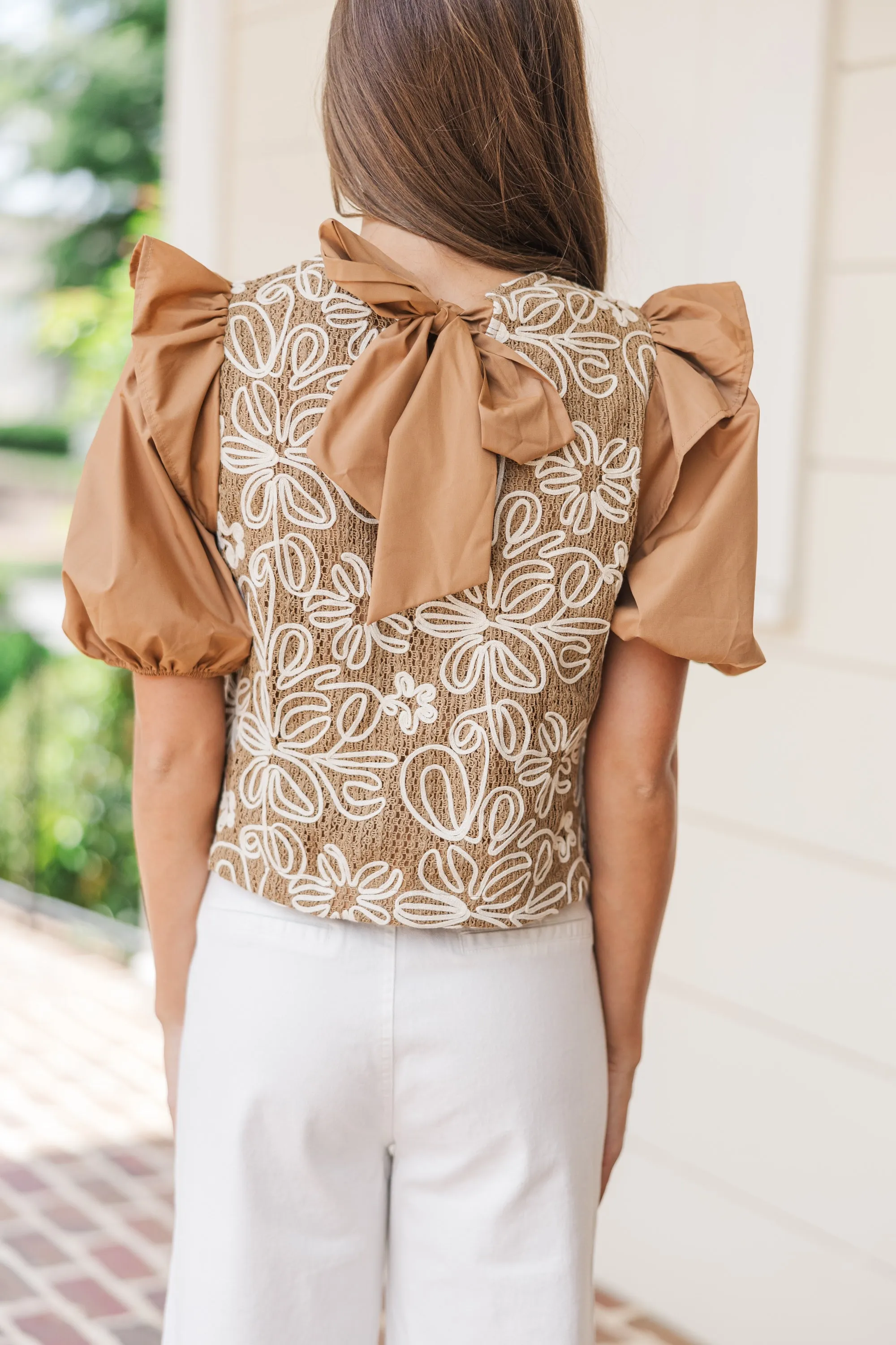 All For Love Camel Brown Embroidered Blouse