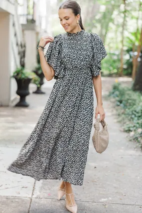 All The Good Black Ditsy Floral Ruffled Midi Dress