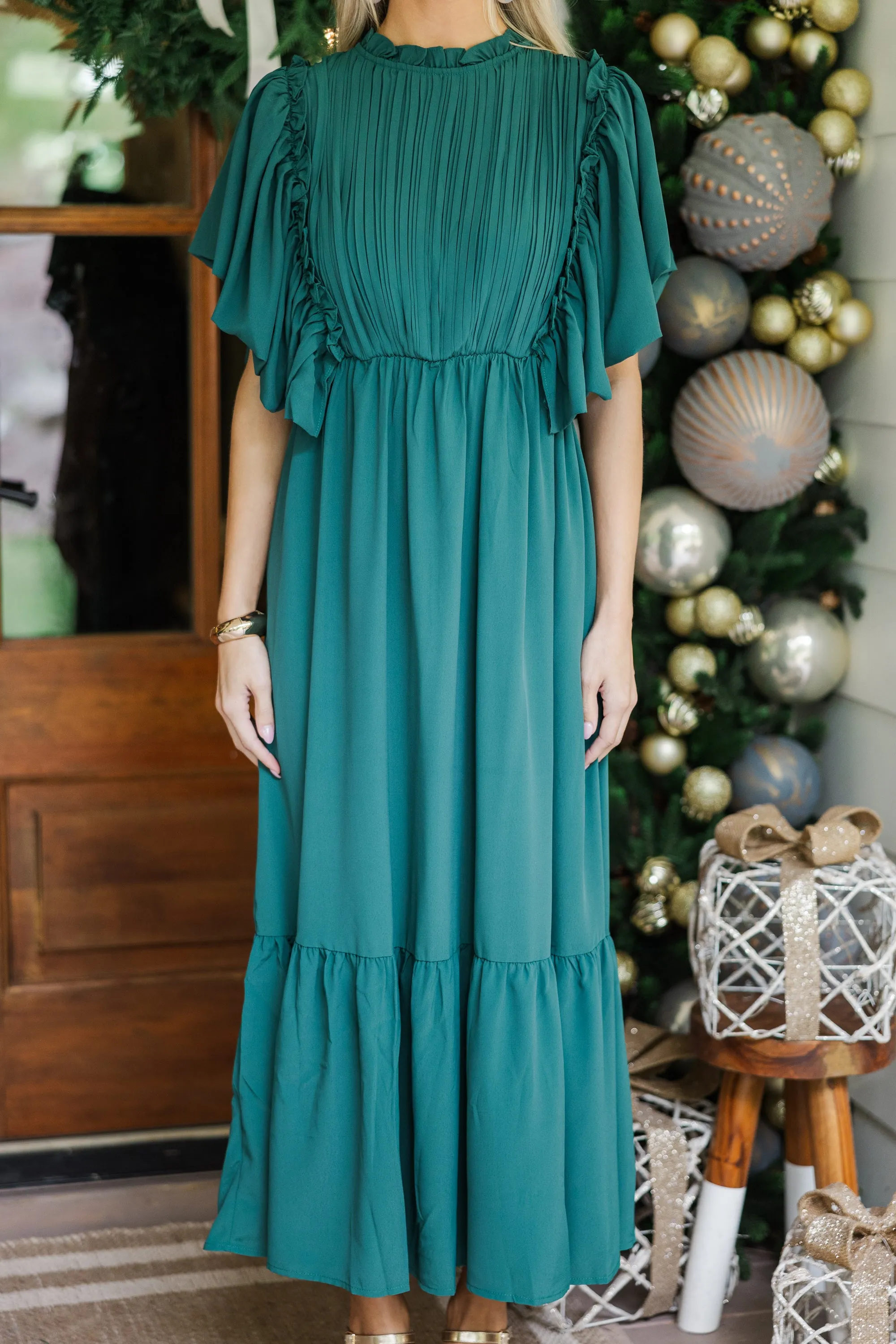 All The Good Emerald Green Ruffled Midi Dress