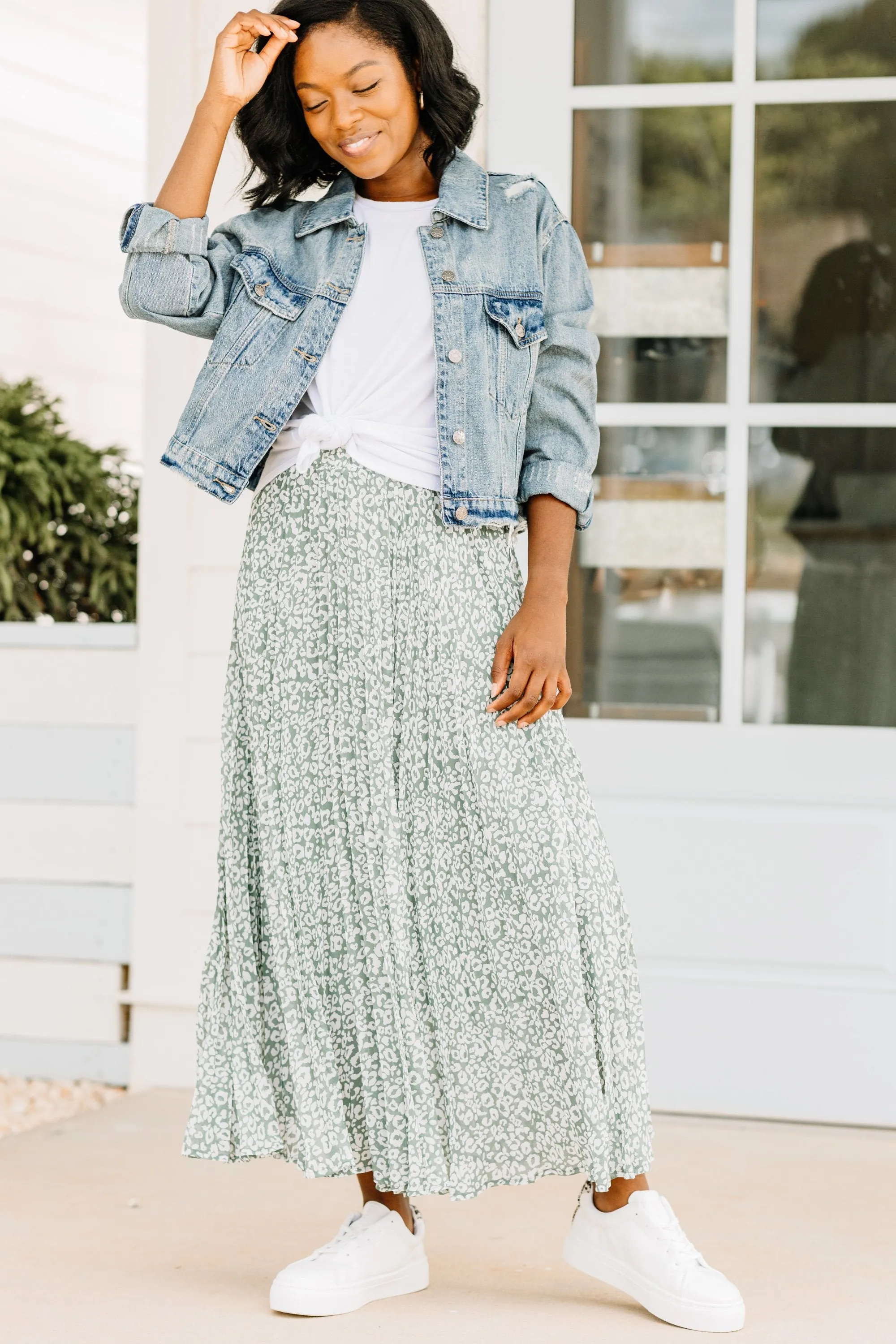 All To Myself Dusty Sage Green Leopard Maxi Skirt