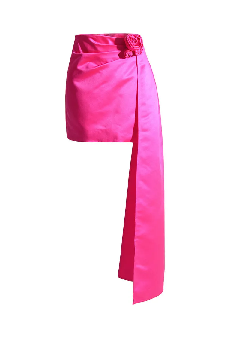 Asymmetric Drape Silky Satin High Waist Pleated Bodycon Rosette Mini Skirt