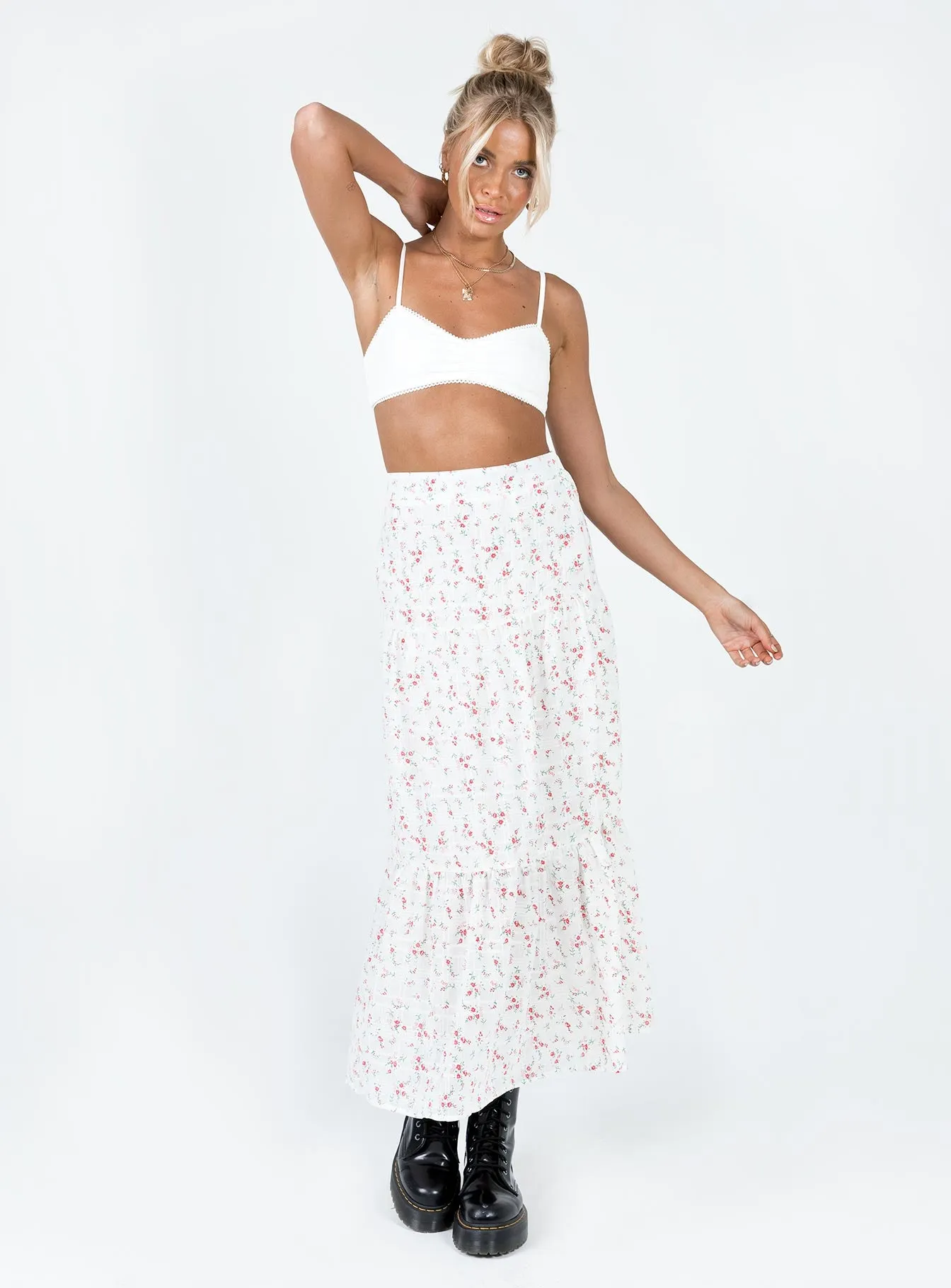 Athena Maxi Skirt White / Pink Floral