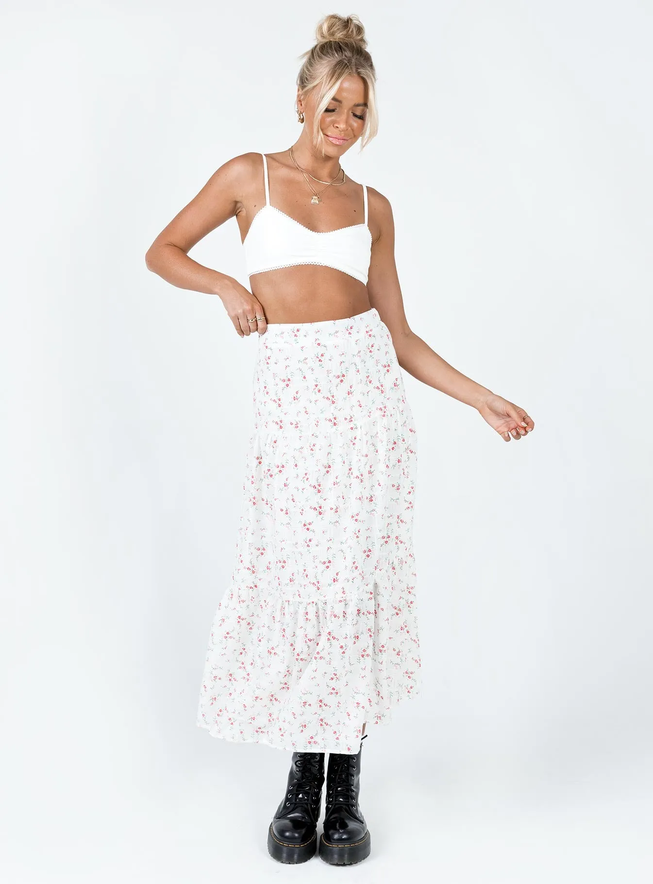 Athena Maxi Skirt White / Pink Floral