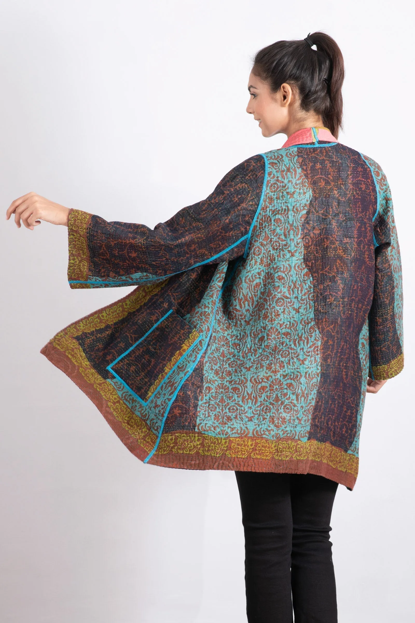 BAGH PRINT KANTHA A-LINE JKT - bg4003-brn -