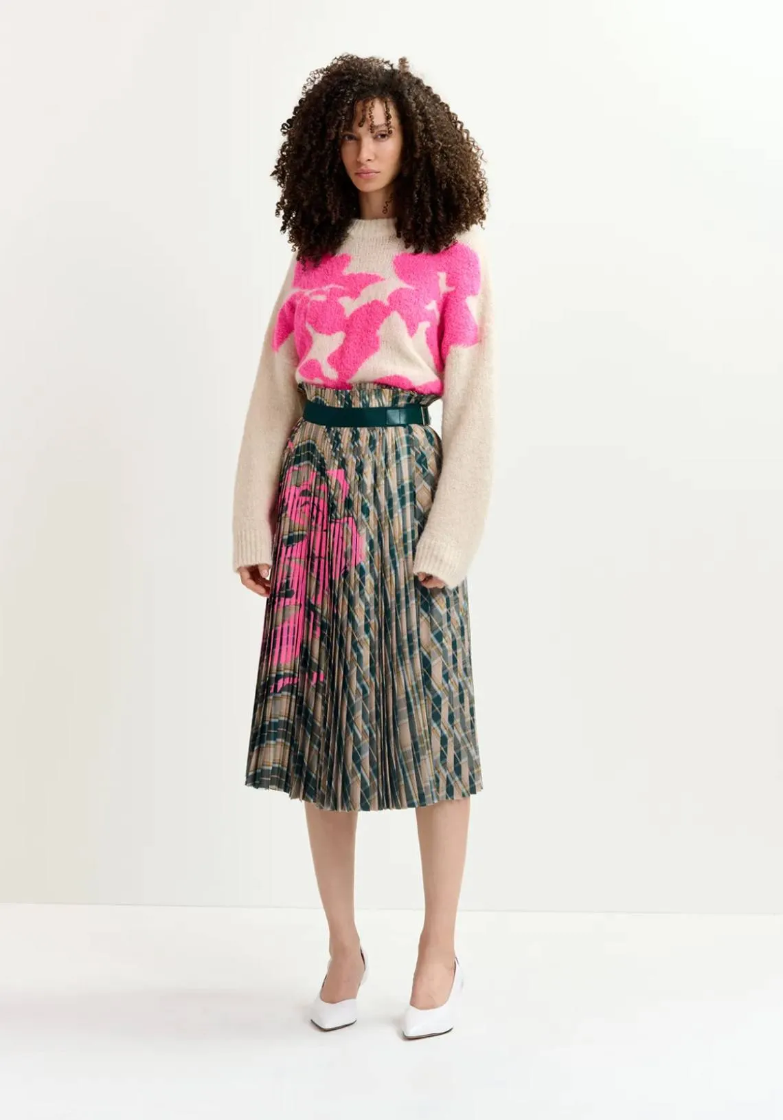 BEIGE AND DARK GREEN CHECKED PLEATED SKIRT WITH FLORAL PRINT