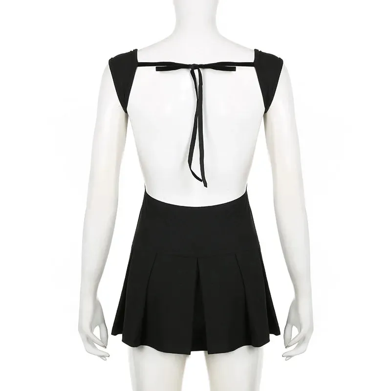 Black Backless Tie-Up Charming Pleated Mini Dress