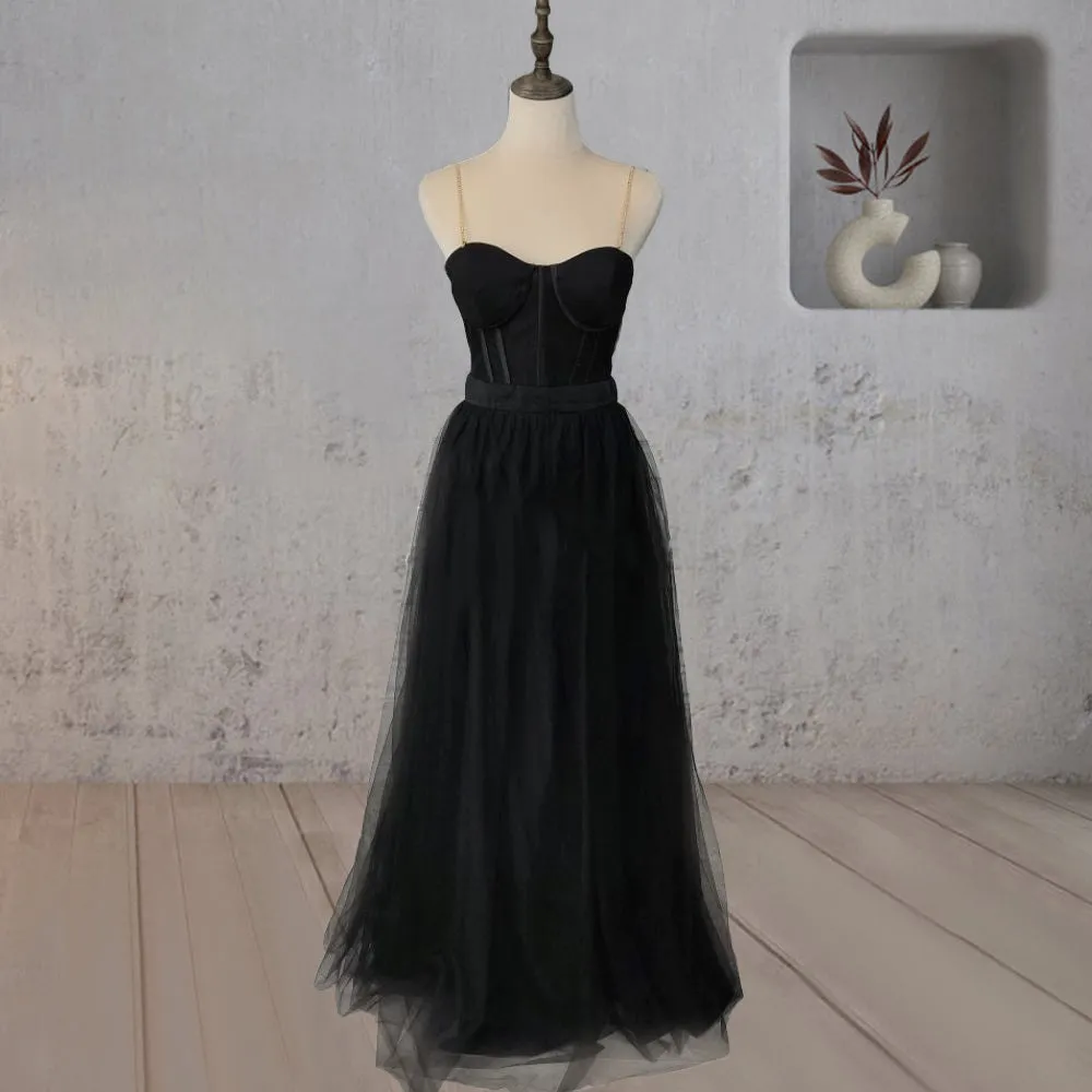 Black Tulle Delicate Spaghetti Straps Sweetheart Wedding Dress