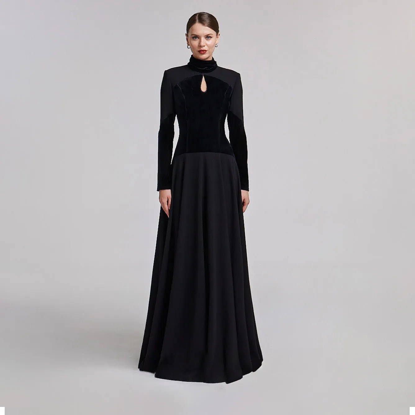 Black Velvet-Crepe Maxi Dress with Pleated Skirt