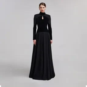 Black Velvet-Crepe Maxi Dress with Pleated Skirt