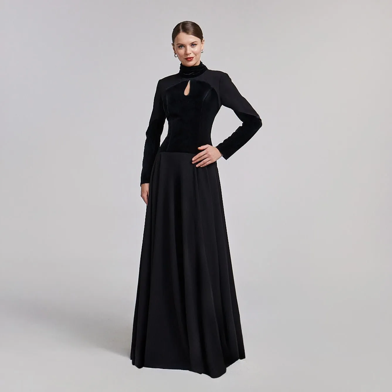 Black Velvet-Crepe Maxi Dress with Pleated Skirt