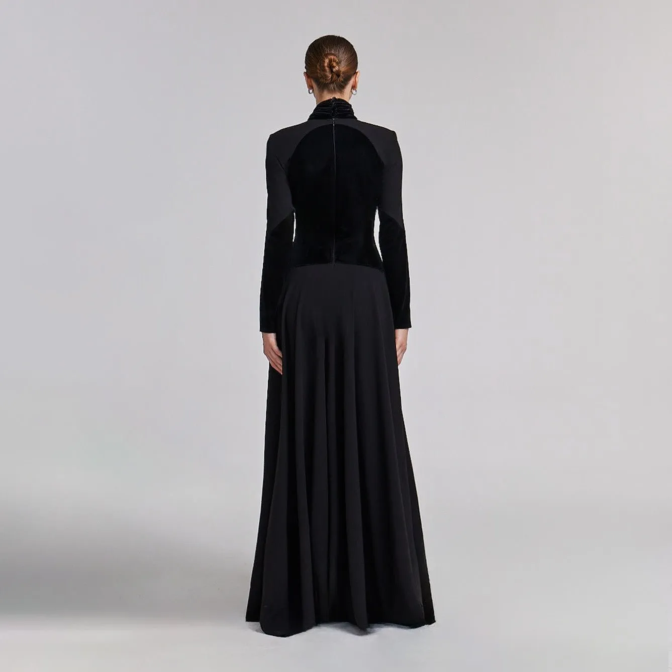 Black Velvet-Crepe Maxi Dress with Pleated Skirt