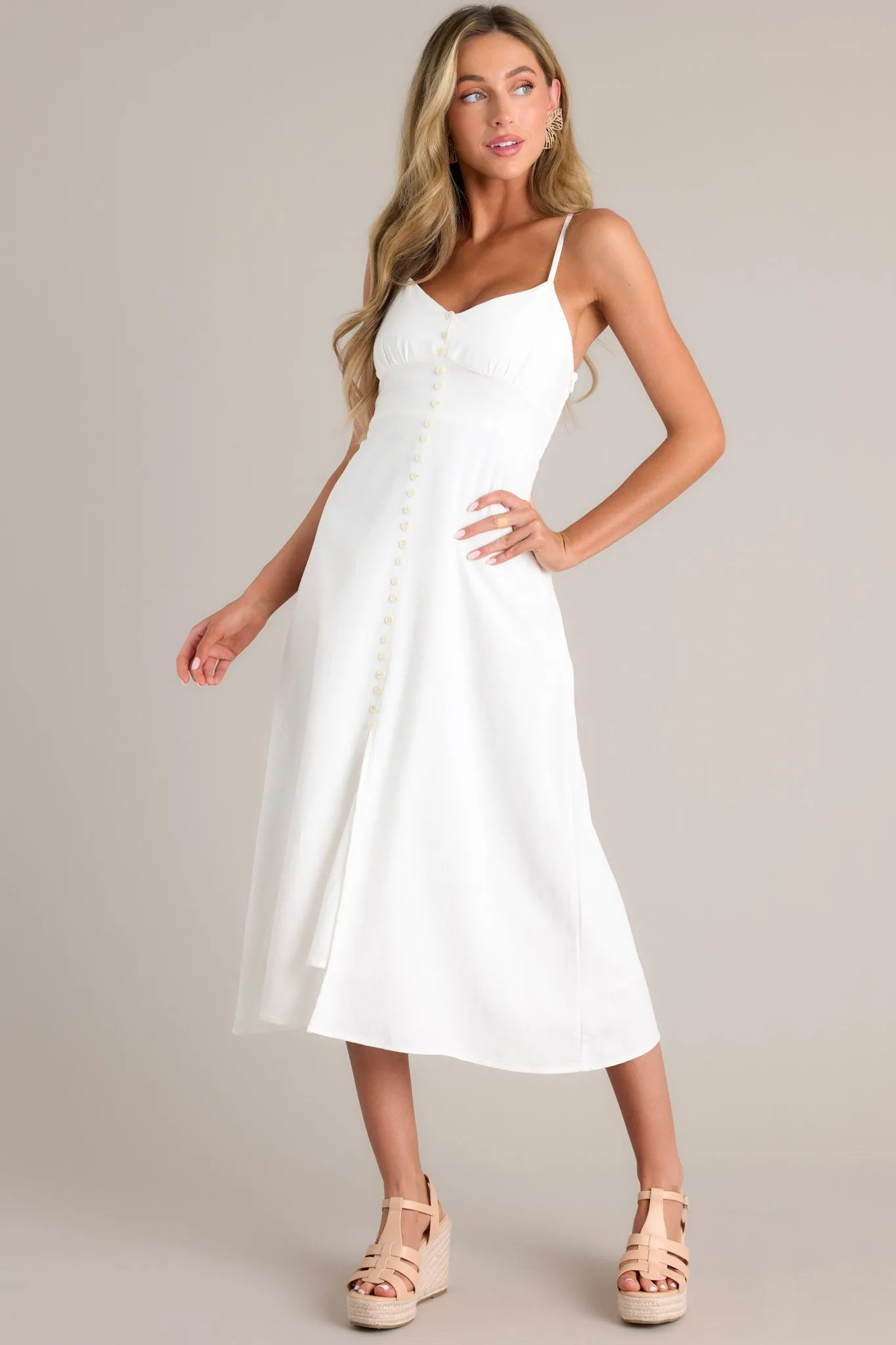 Blissful Breeze Ivory Faux Button Front Midi Dress