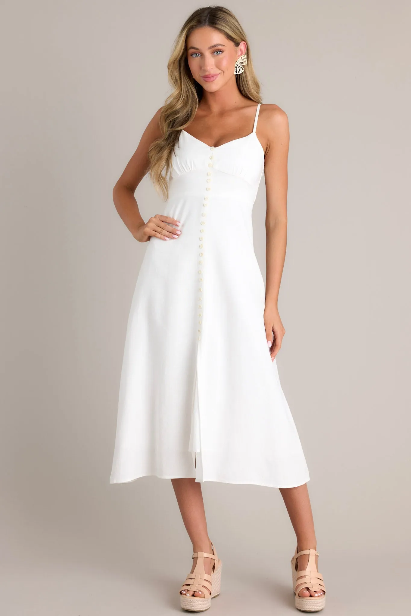 Blissful Breeze Ivory Faux Button Front Midi Dress