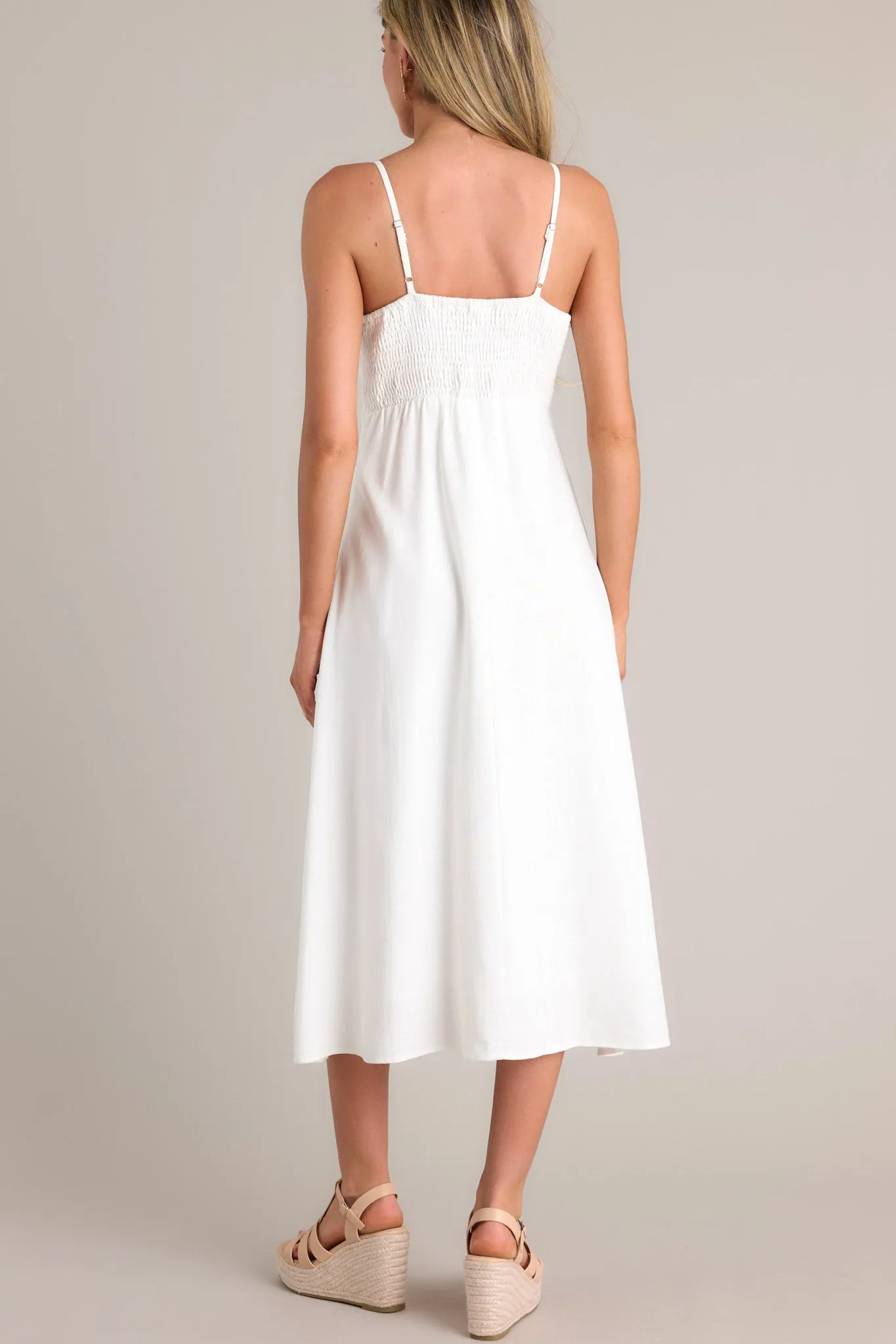 Blissful Breeze Ivory Faux Button Front Midi Dress