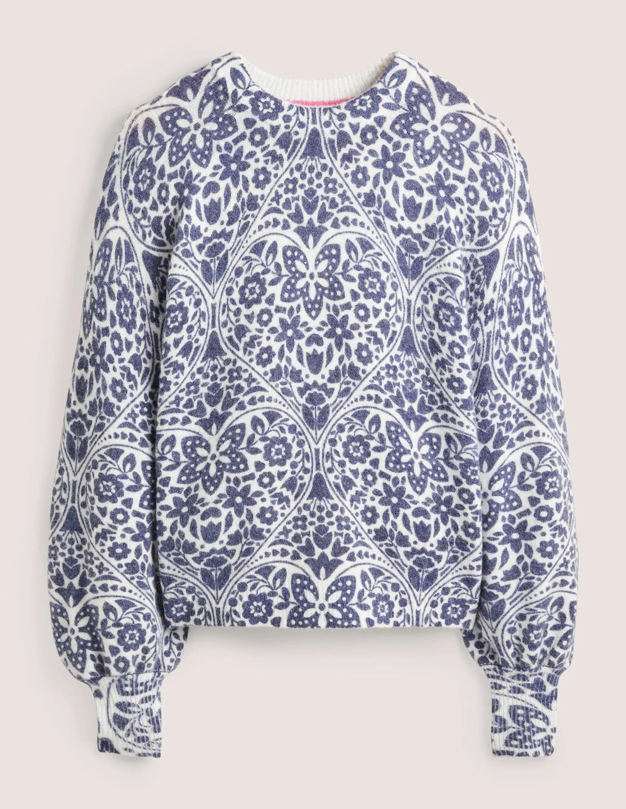 Blouson Sleeve Fluffy Jumper-Ivory, Navy Heart Bloom