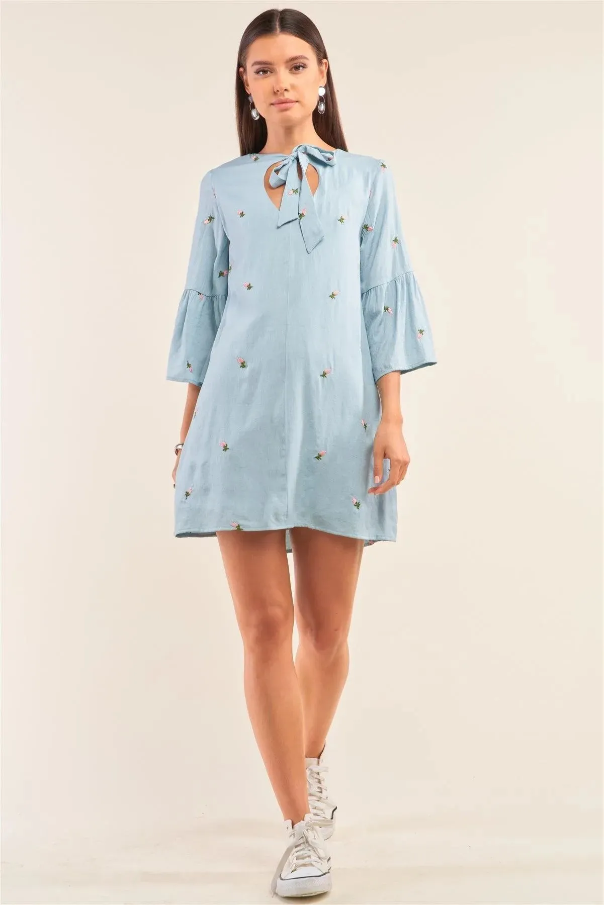 Blue Floral Embroidery Angel Sleeve Mini Dress