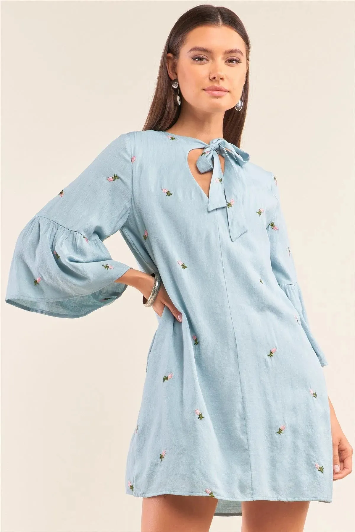 Blue Floral Embroidery Angel Sleeve Mini Dress