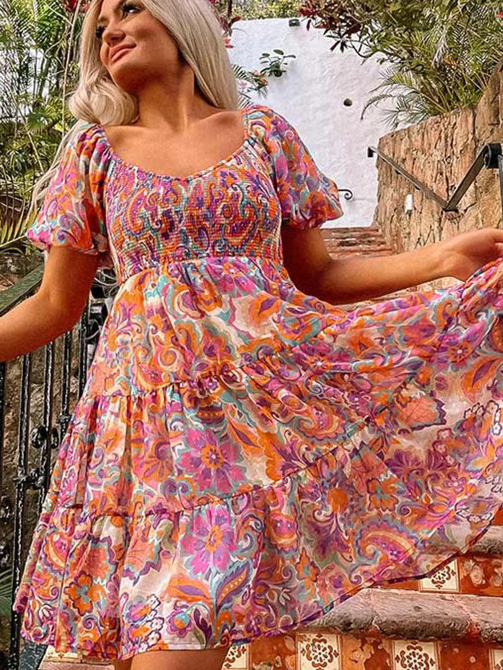 Bohemian Floral Smocked Mini Dress with Puff Sleeves