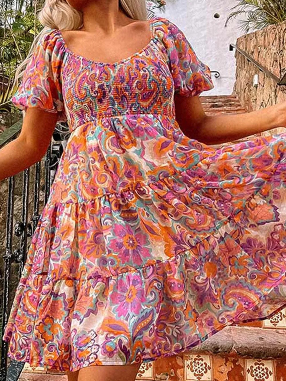 Bohemian Floral Smocked Mini Dress with Puff Sleeves