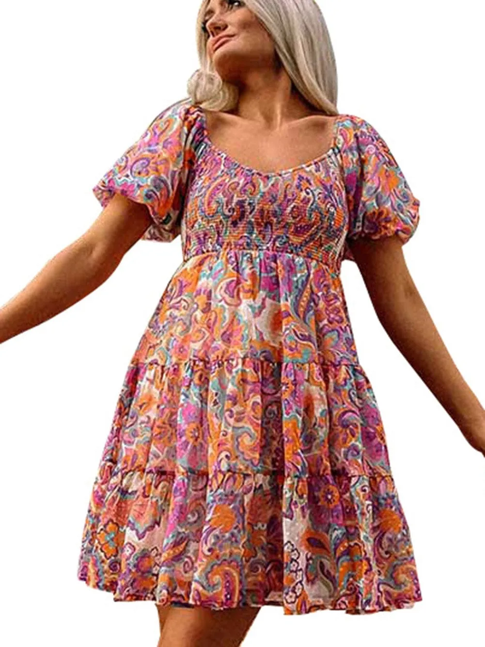 Bohemian Floral Smocked Mini Dress with Puff Sleeves