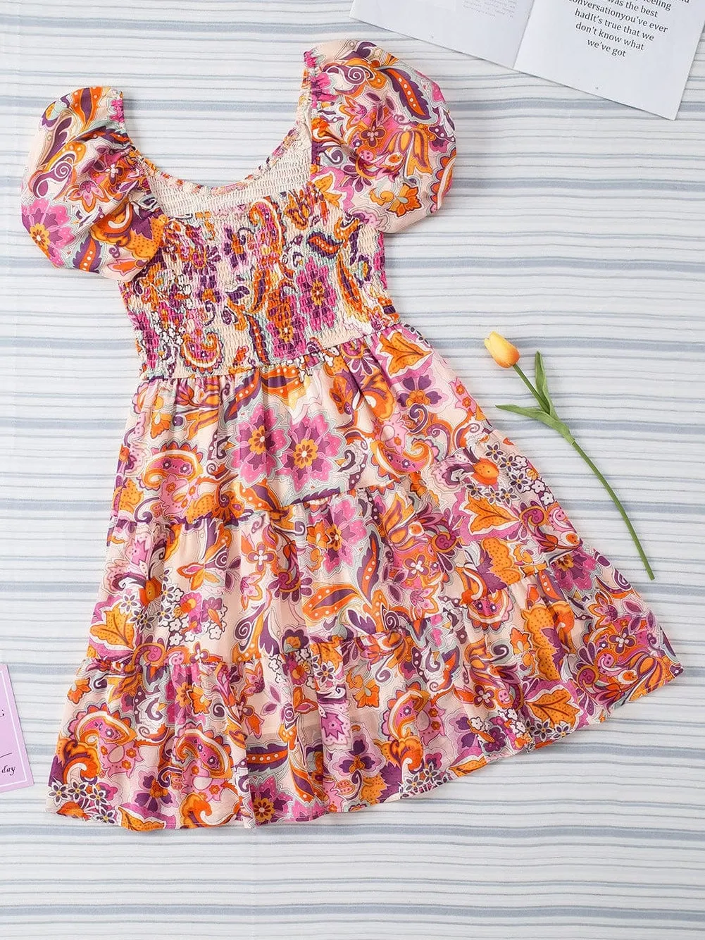 Bohemian Floral Smocked Mini Dress with Puff Sleeves