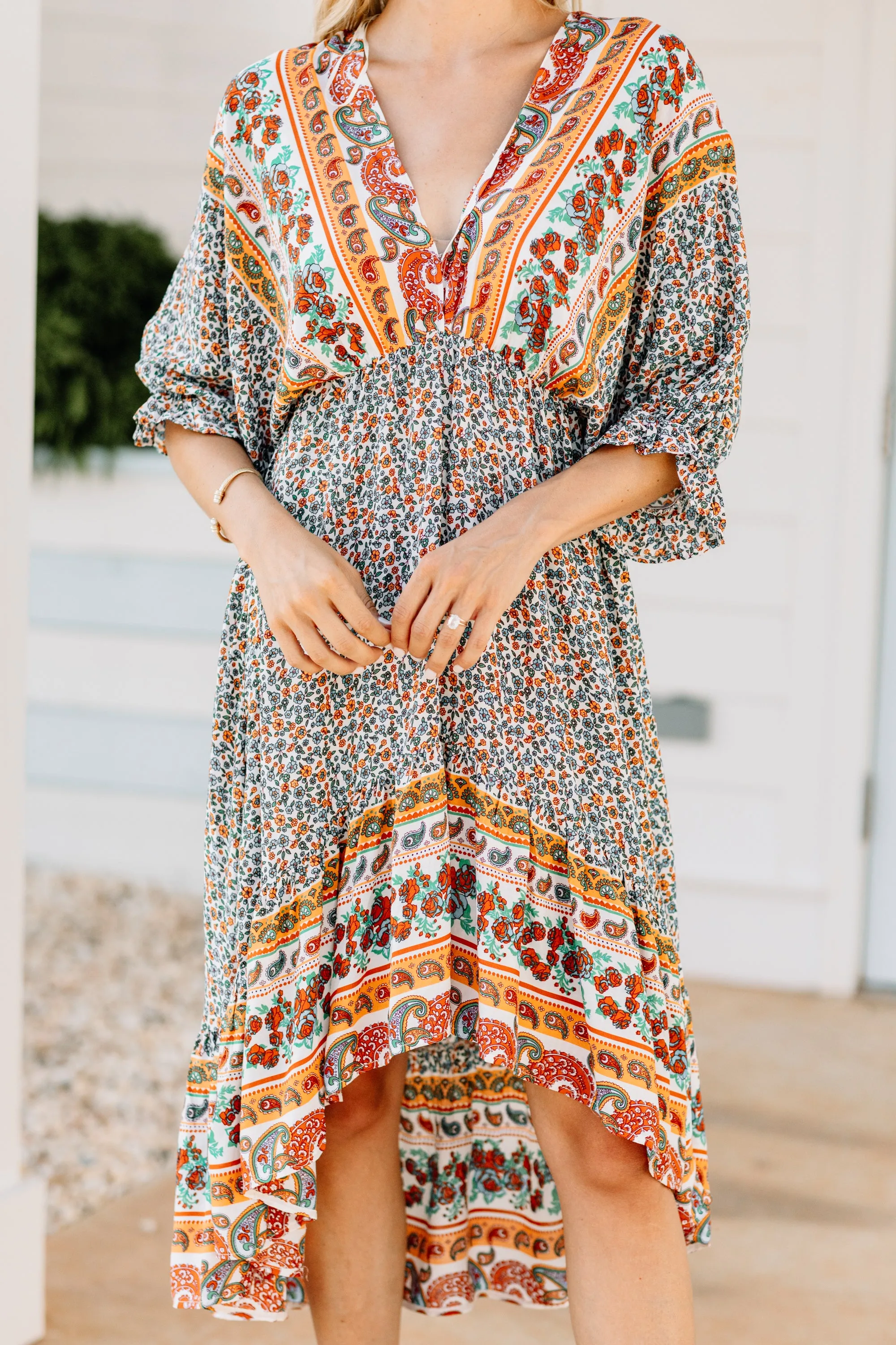 Boho Summer Cream White Floral Midi Dress