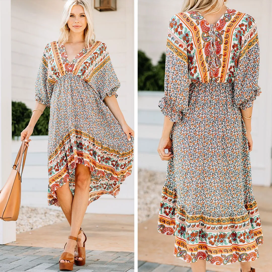 Boho Summer Cream White Floral Midi Dress