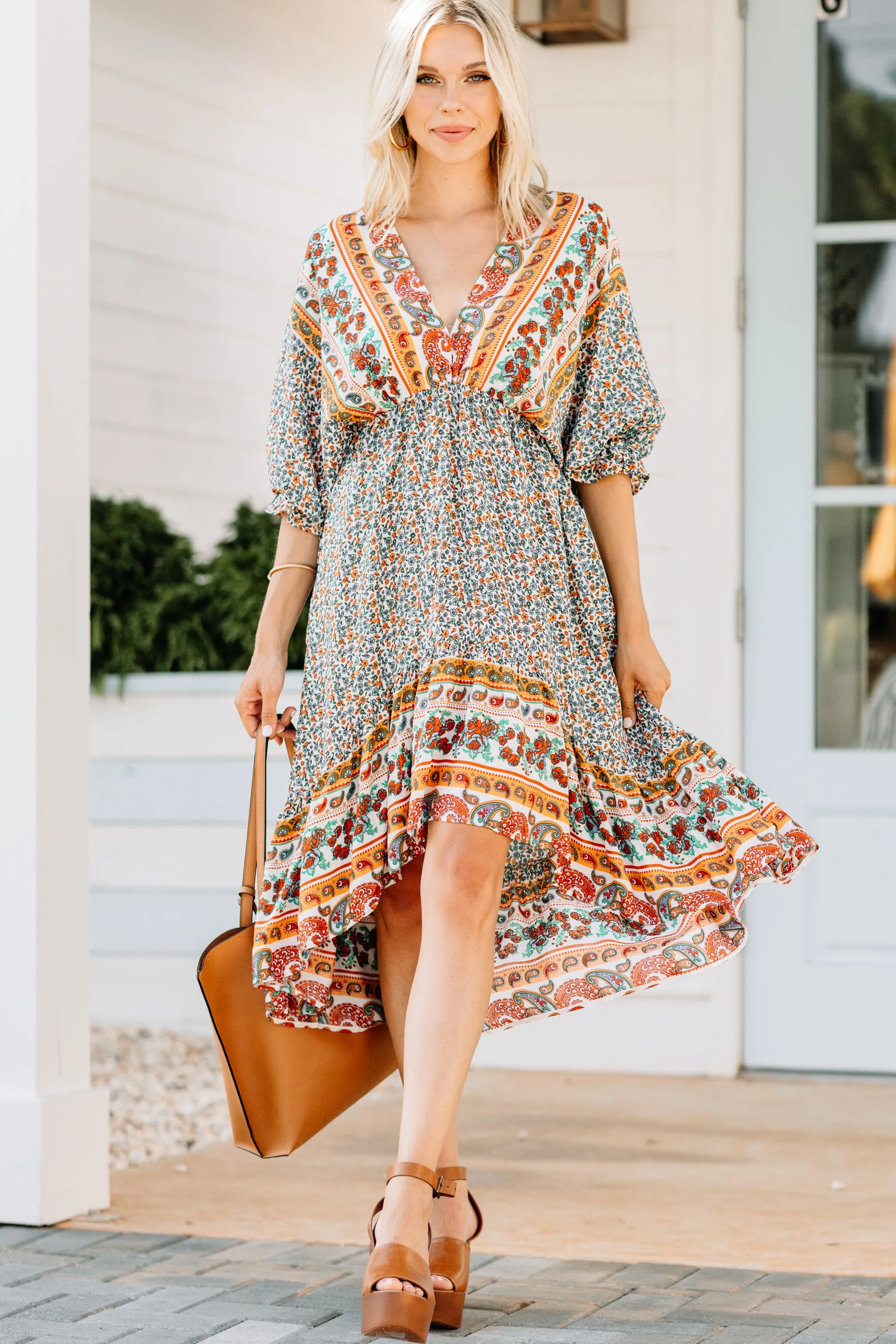 Boho Summer Cream White Floral Midi Dress