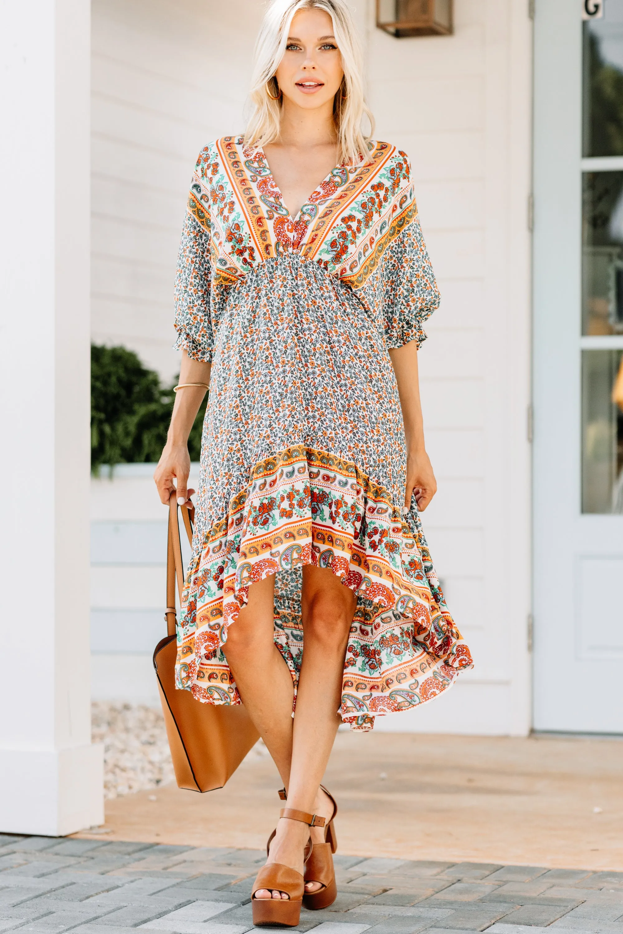 Boho Summer Cream White Floral Midi Dress