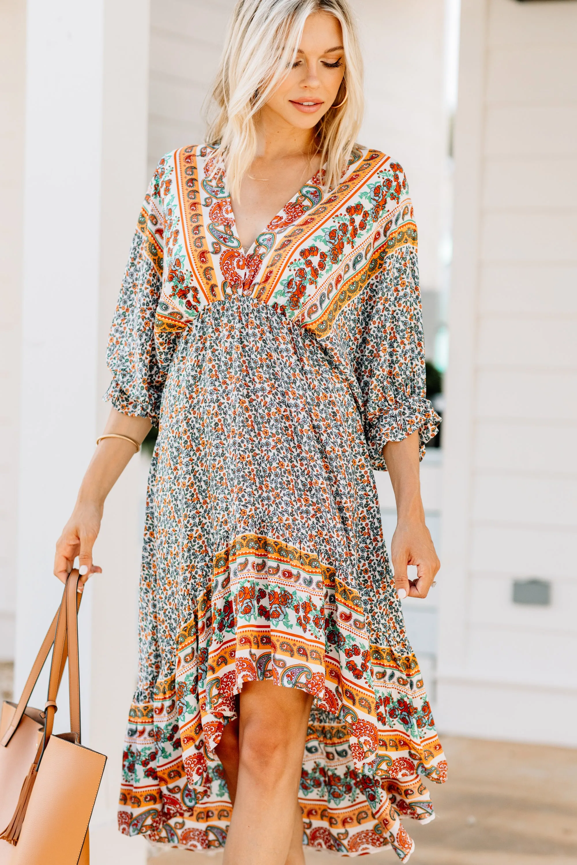 Boho Summer Cream White Floral Midi Dress