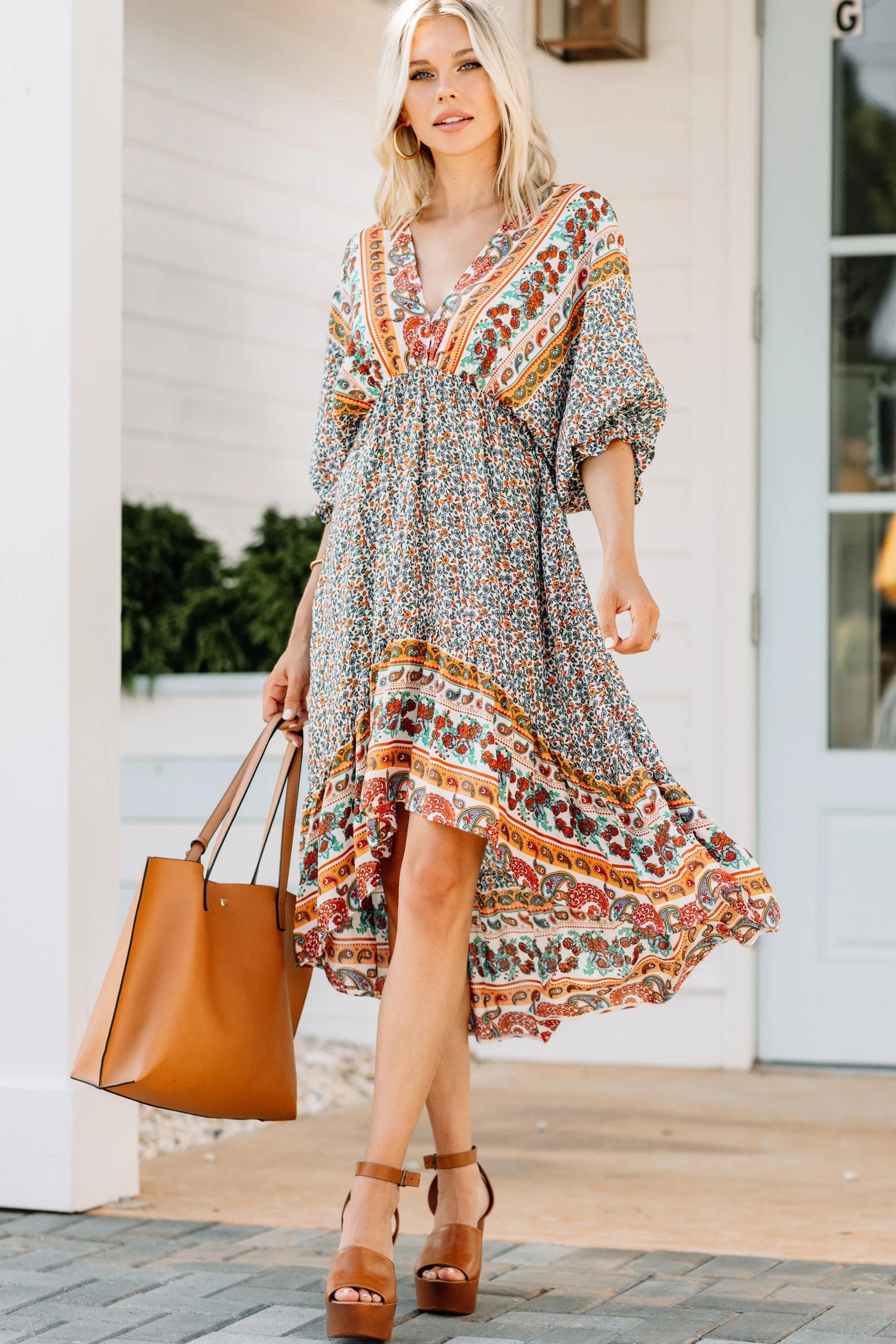 Boho Summer Cream White Floral Midi Dress