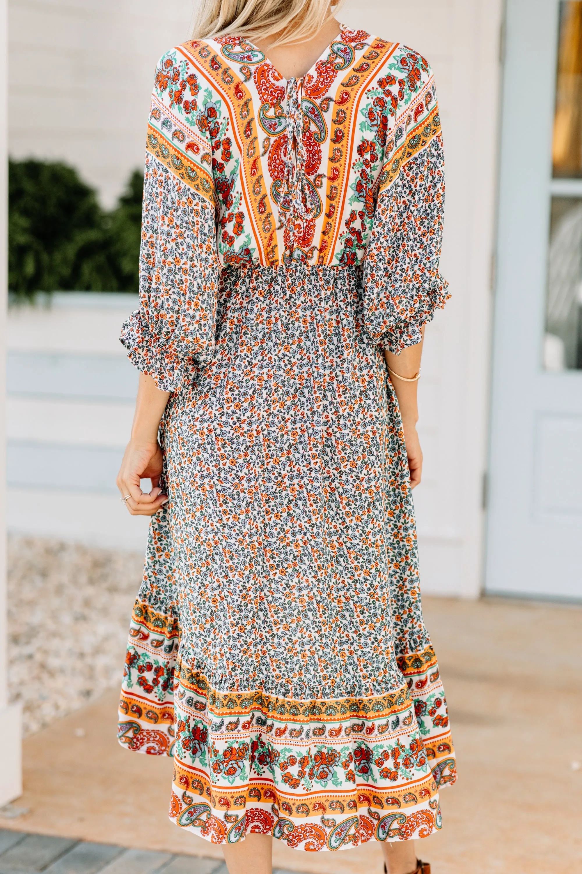 Boho Summer Cream White Floral Midi Dress