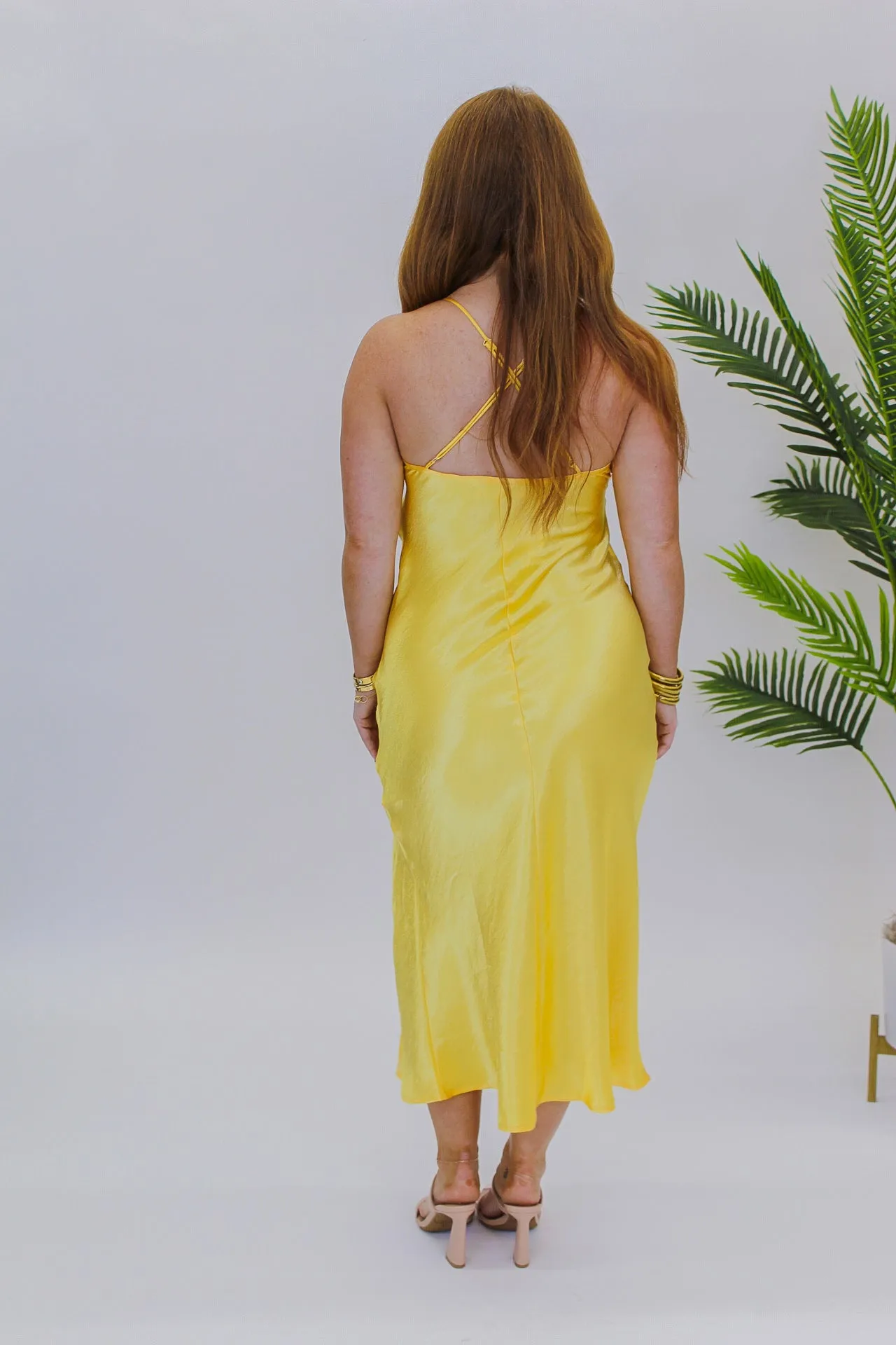 Brighten Your Day Satin Midi Dress- Yellow