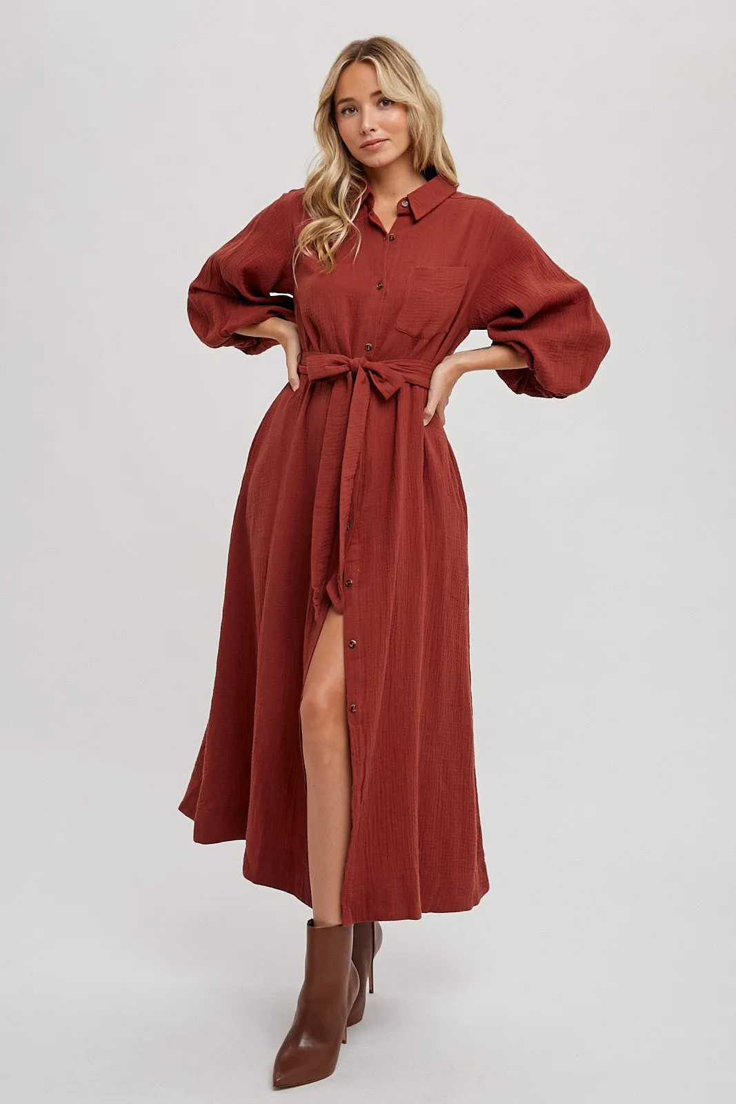 Bubble Sleeve Button-Down Midi Dress