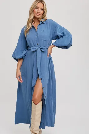 Bubble Sleeve Button-Down Midi Dress