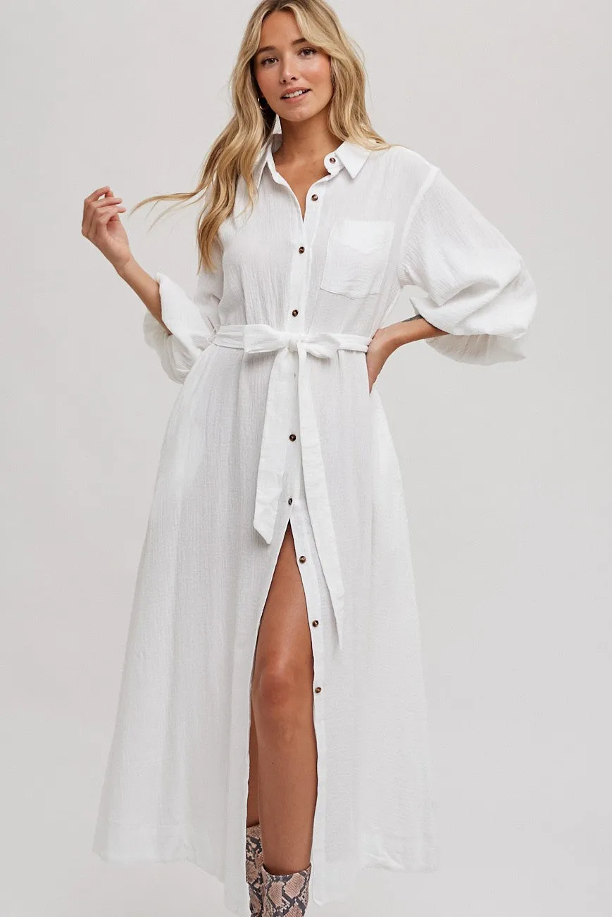 Bubble Sleeve Button-Down Midi Dress