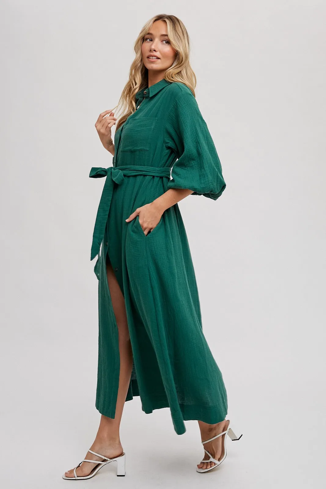 Bubble Sleeve Button-Down Midi Dress