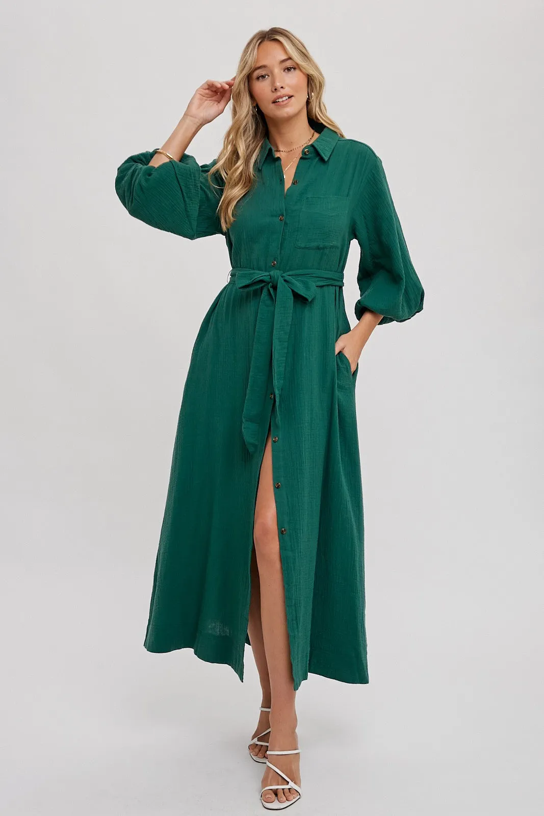 Bubble Sleeve Button-Down Midi Dress