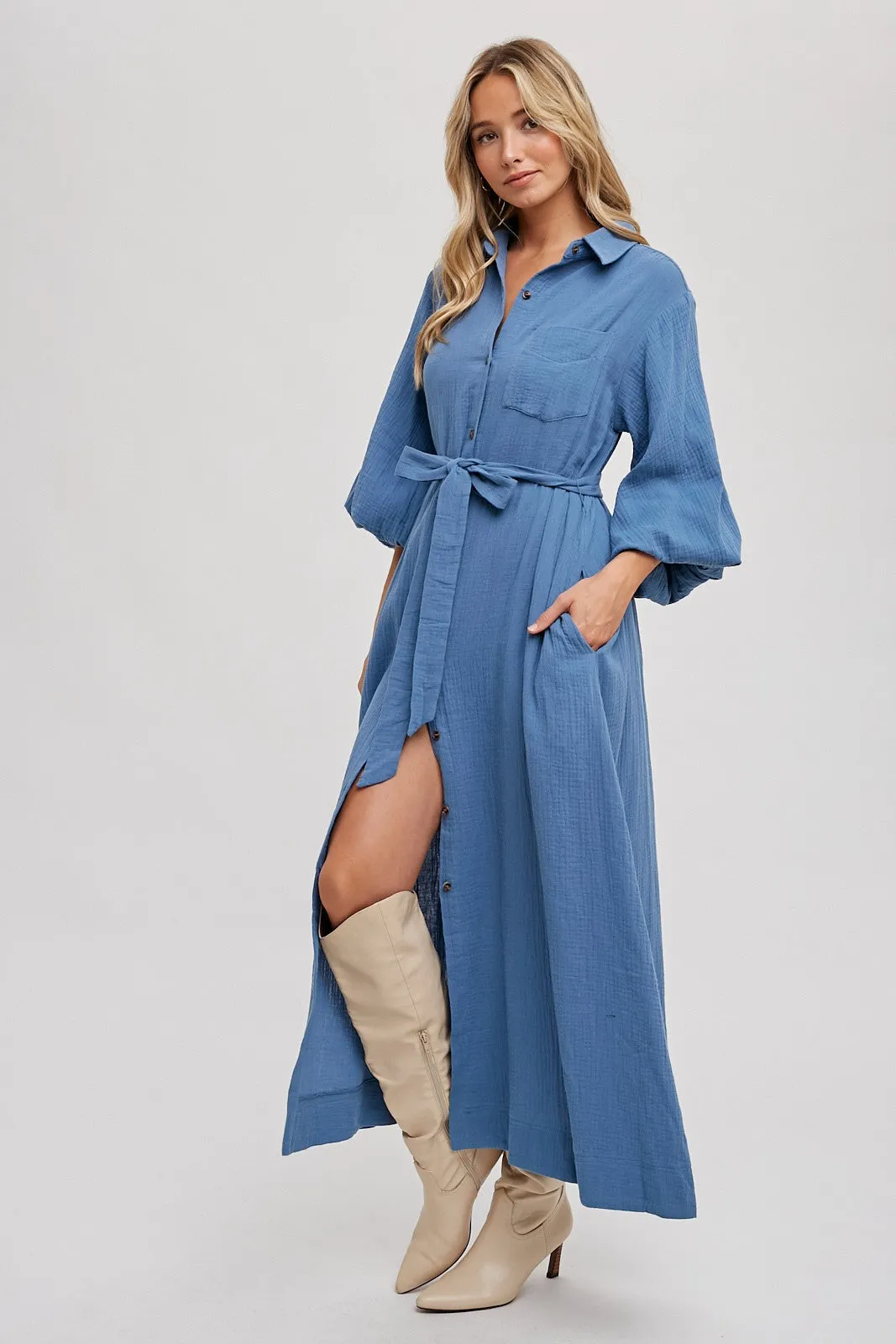 Bubble Sleeve Button-Down Midi Dress