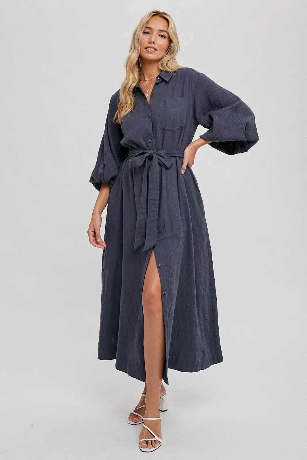 Bubble Sleeve Button-Down Midi Dress