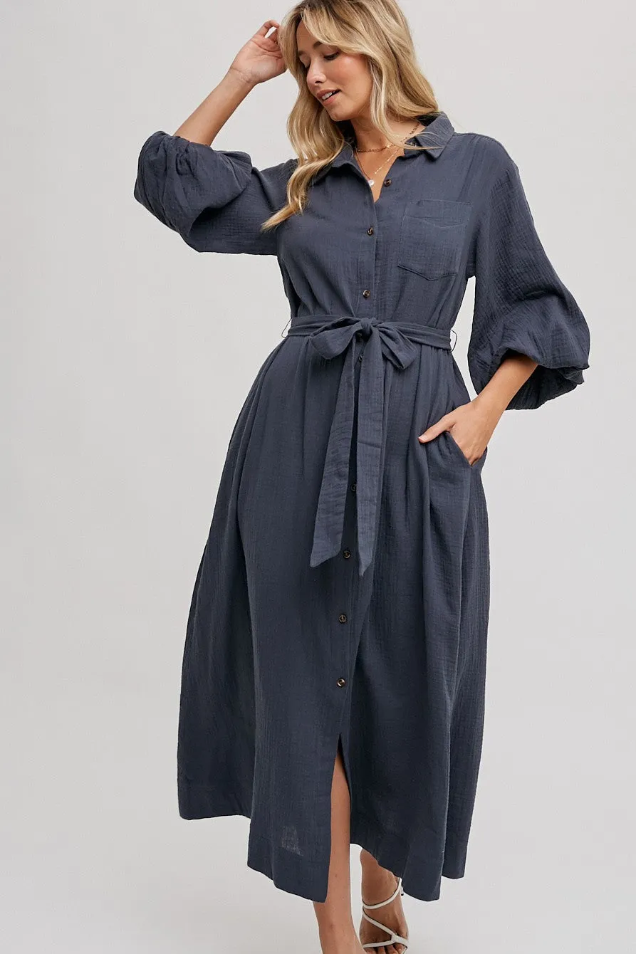 Bubble Sleeve Button-Down Midi Dress