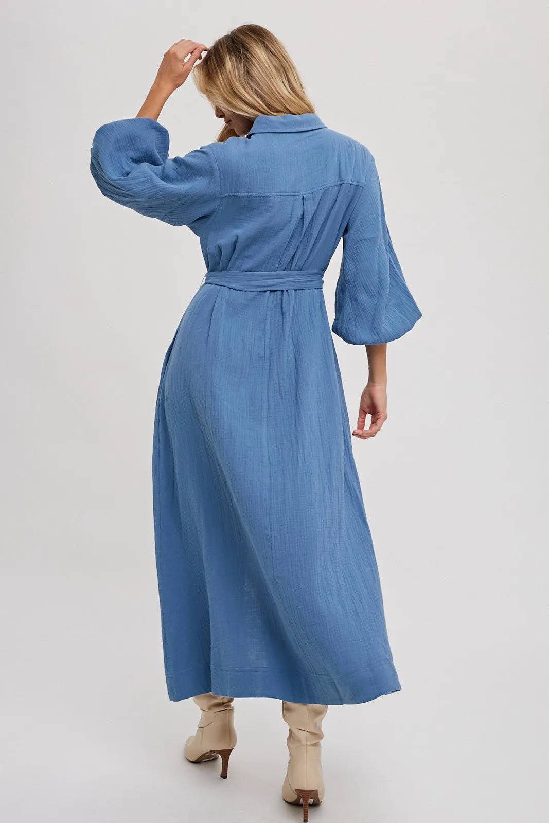 Bubble Sleeve Button-Down Midi Dress