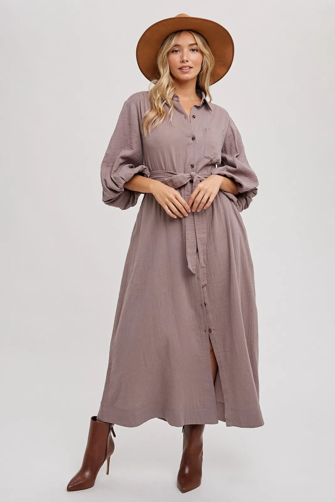 Bubble Sleeve Button-Down Midi Dress