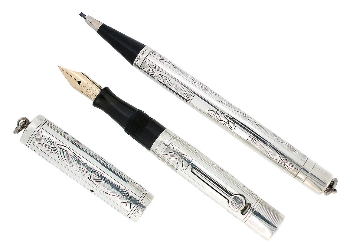 C1917 WATERMAN STERLING PANSY PANEL 452 1/2V XF-BBB NIB FOUNTAIN PEN & PENCIL SET RESTORED